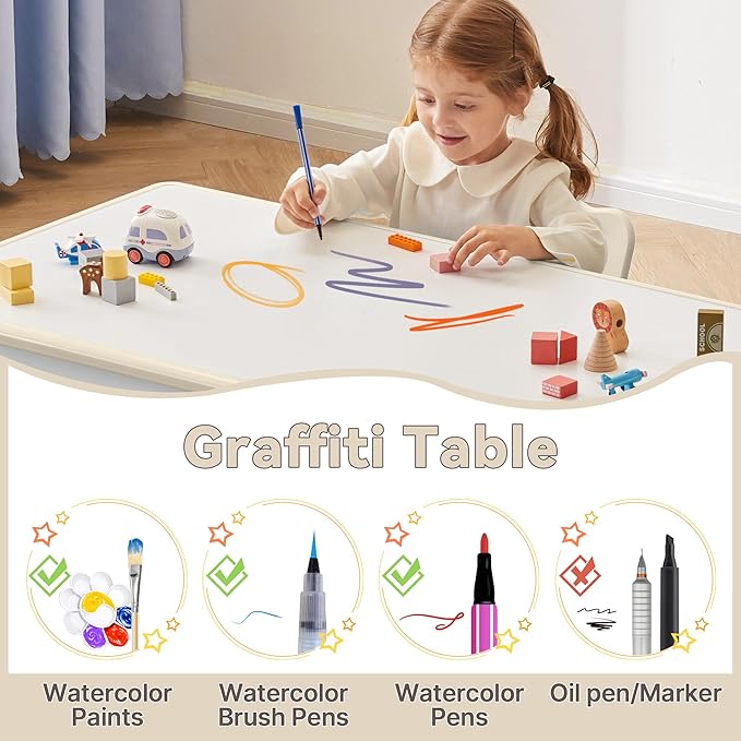 Kids Study Table and Chairs Set, Height Adjustable Toddler Table and Chair Set for Kids Ages 3-8, 31.5" L x 23.6" W Graffiti Desktop Plastic Children Art Table with 4 Seats