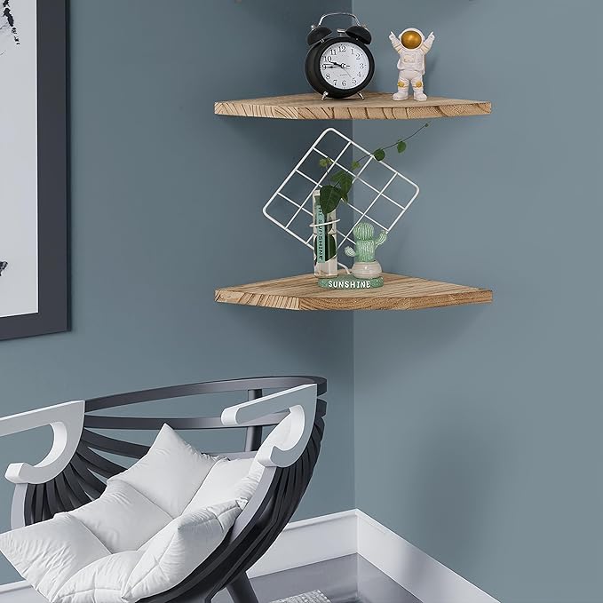 Corner Wall Shelves Set of 2, Rustic Wood Corner Floating Shelves with Cable raceway, Wall Mount Storage Display for TV Accessories, Baby Monitor, Speaker, Cable Box (Carbonized, Diamond- 10 Inch)