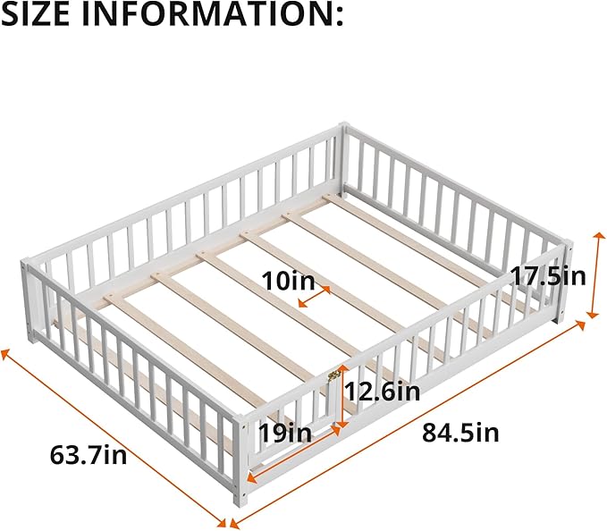 i-POOK Queen Floor Bed for Children, Sturdy Wood Montessori Bed Frame with Wood Slats, Fence & Door, Montessori Floor Bed for Girls and Boys, White