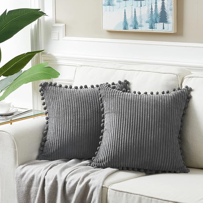 Fancy Homi Set of 2 Dark Gray Decorative Throw Pillow Covers 14x14 Inch with Pom-poms for Couch Bed Sofa, Modern Farmhouse Boho Home Decor, Soft Plush Corduroy Cute Cushion Case 35x35 cm