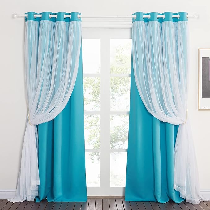 PONY DANCE Blackout Curtains 84 Inch Length - Layered Curtain Mix and Match Room Darkening Drapes with White Sheer Overlay Elegance Window Drapes with Tiebacks (One Pair, Teal Blue, 52 Inches Wide)