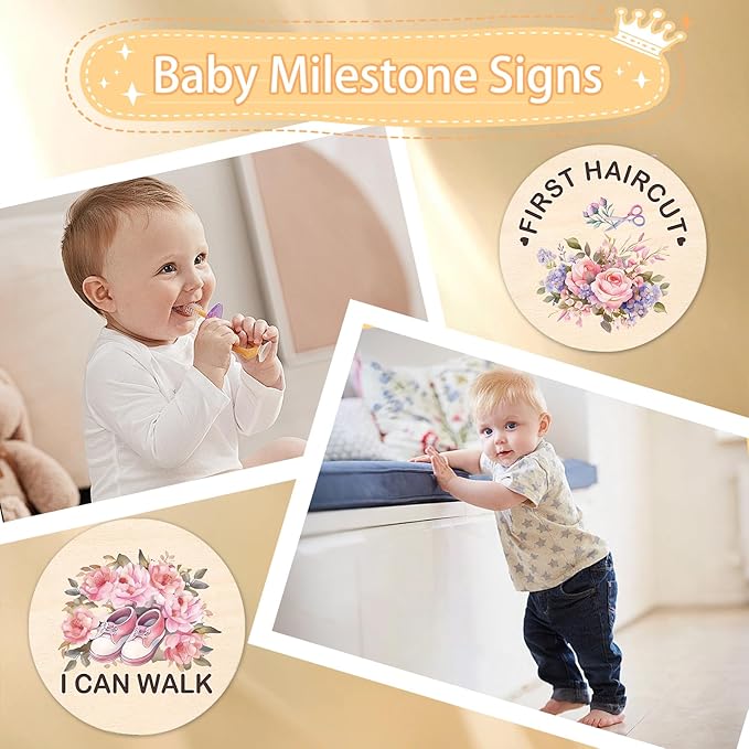 Baby Monthly Milestone Cards - 13pcs Wooden Double Sided Flower Monthly Milestone Signs, Birth Announcement Sign for Photo Props, 1-12 Months Newborn Milestones Cards, Baby Shower Party Gifts Marker