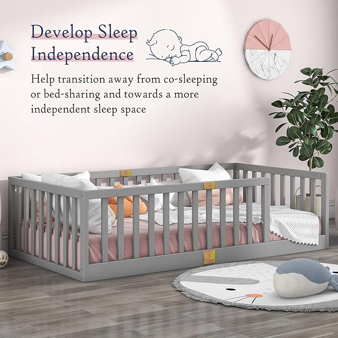 Tatub Twin Montessori Floor Bed with High Rails, Solid Wood Montessori Bed Frame for Kids, Entry Can Install Left and Right, Twin-Grey
