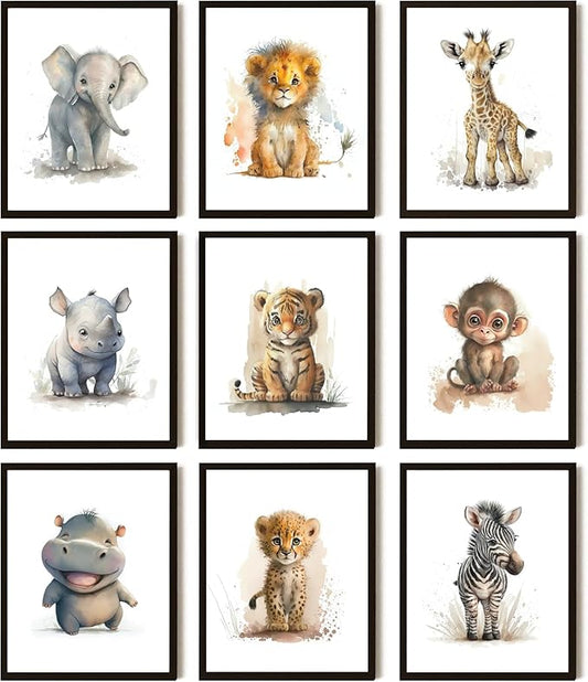 SEHSUVC Safari Nursery Posters Wall Art Set of 9, Cute Animal Canvas Wall Decor Painting, Woodland Jungle Nursery Picture Prints for Baby Boys and Girls Room Nursery Home Decor 8x10In Unframed