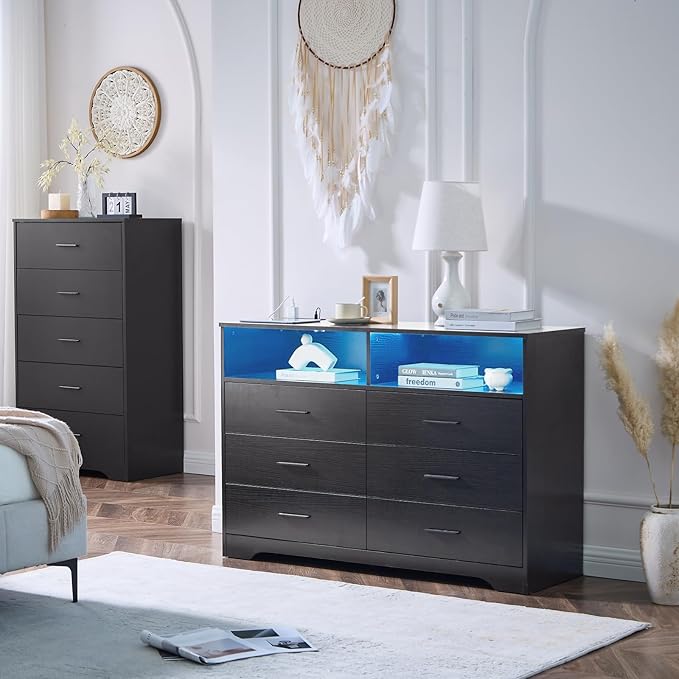 LIDYUK Black Dresser for Bedroom, 6 Drawer Dressers & Chests of Drawers, Modern Wood Dresser with Charging Station and LED Lights, 48 Inches Wide Chest of Drawers for Bedroom, Hallway, Living Room