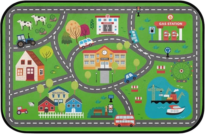 Kids Car Road Play Rug - Town City Map Track Soft Non-Slip 2x3 Carpet Traffic Mat Washable Playroom Bedroom Boys Nursery Educational Area Rug Entrance Mats Playroom Classroom Decor (24"x 36")