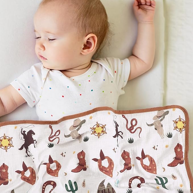 Breling Western Cowboy Muslin Baby Blankets for Girls Boys, 100% Cotton Crib Blanket for Infant Toddler, 40 x 36 Inch Soft and Lightweight Nursery Swaddling Wrap