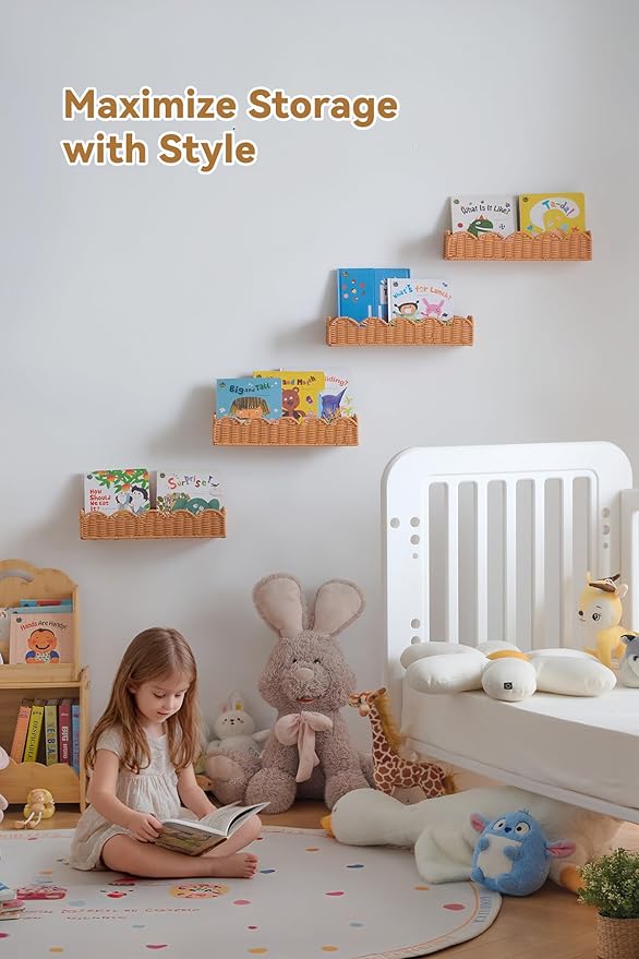Nursery Book Shelves Set of 4, Metal & Plastic Artificial Rattan Scalloped Book Shelf 15.8", Cute Floating Bookshelf for Kids Bedroom Farmhouse Decor