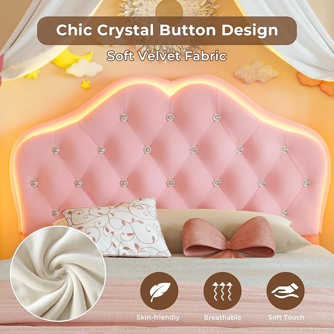 BTHFST Twin Size Girl Bed with Storage Drawer & LED Lights, Upholstered Platform Bed, Adjustable Headboard with Velvet Crystal Button Princess Bed, Solid Wood Slats Support, No Box Spring Needed, Pink
