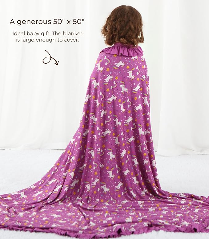 Premium Baby Blankets, Soft Viscose from Bamboo Blanket for Girls, Nursery Crib Bedding Quilt for Newborn and Toddler, Ruffle Blanket Cooling for Hot Sleepers 50''x50'' Purple Unicorn