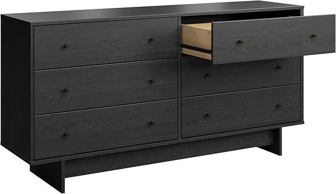 Prepac Finnley 6-Drawer Dresser in Black Oak, Dresser for Bedroom, Extra-Wide Chest of Drawers with Storage, Modern Clothing Organizer for Home, Bedroom, Living Room, 16" D x 61" W x 31" H