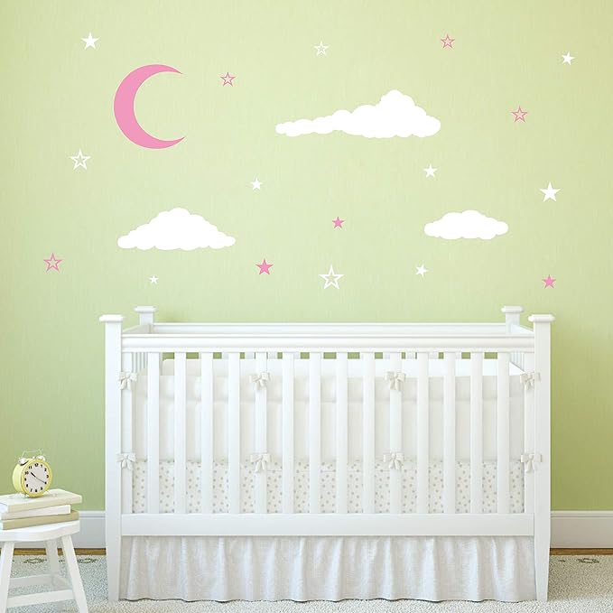 Moon & Stars Wall Decals, Kids Nursery Decoration, Vinyl Stickers for Baby's Room Y08 (White, Pink)