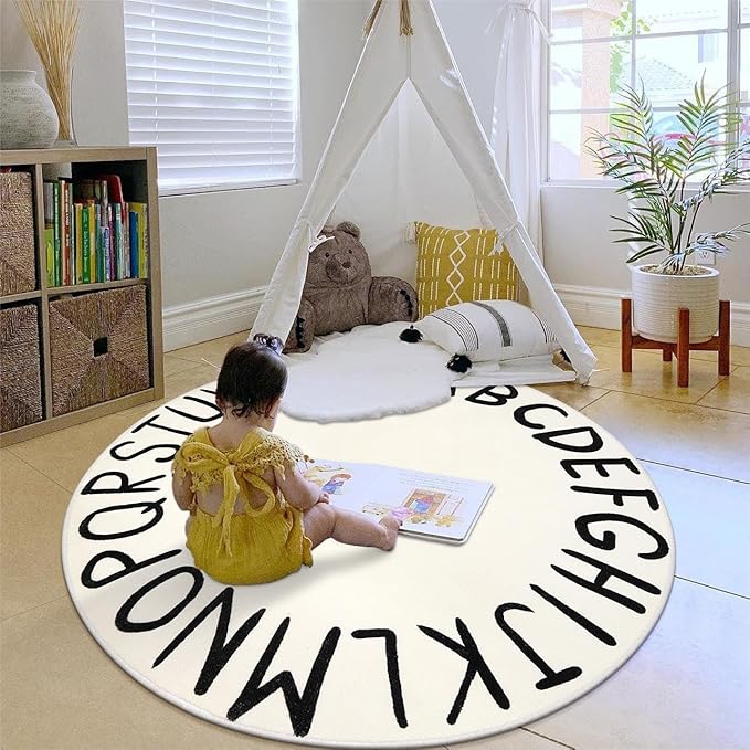 LIVEBOX ABC Play Room Round Kids Rug Circle for Playroom, Learning Nursery Rug Alphabet Washable Rug for Baby Boy and Girl Bedroom, Non-Slip Educationa Carpet for Toddlers (59",Black,Beige)