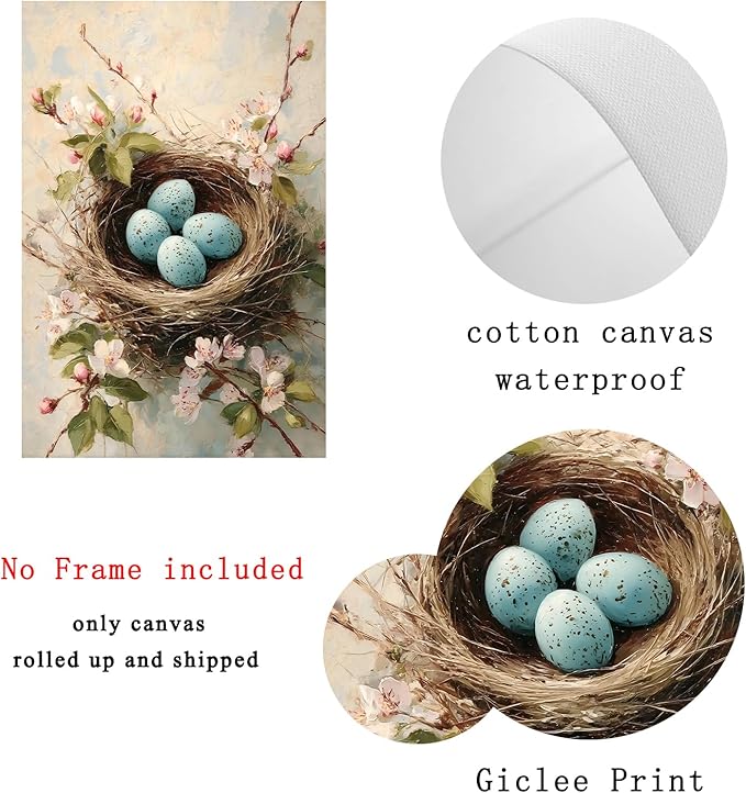 Vintage Bird's Nest Wall Art Pink Flower Painting Spring Bird Prints Watercolor Wildflower Prints Watercolor Botanical Poster Abstract Animal Picture Abstract Bird Egg Poster 16x24inch Frameless