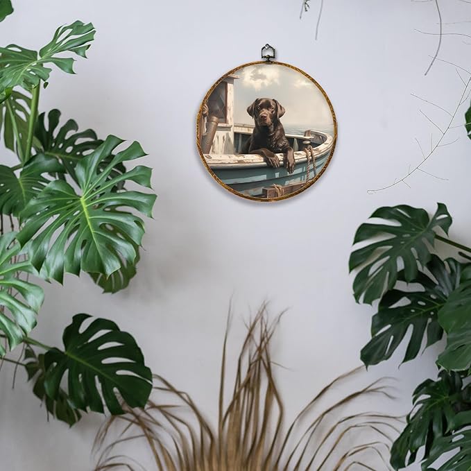 Hiuwevt Nautical Labrador Retriever Round Wall Art Decor, Chocolate Lab Gift Framed Canvas Prints, Coastal Nautical Lab Dog Round Wall Hanging Decor for Home Bedroom Room Decorations, 10x10 Inches