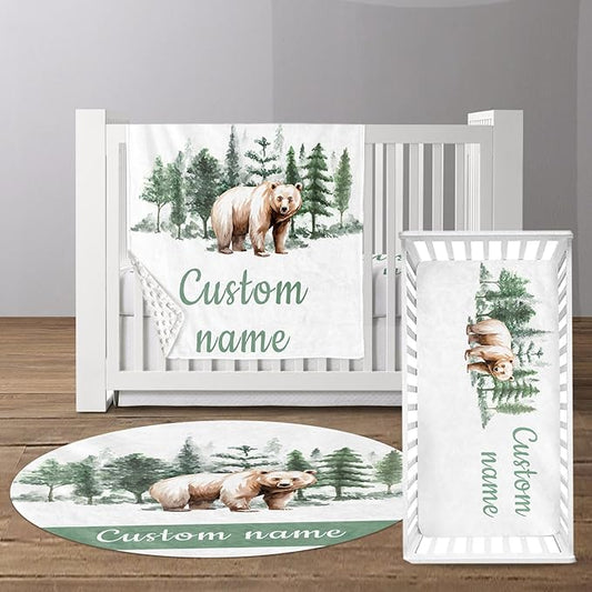 Custom Baby Crib Bedding Set - Brown Bear Design Personalized Name Baby Nursery Bedding 3 Pcs Set - Chic Soft Blanket, Fitted Sheet, Room Rug for Newborns Boys Girls Gifts