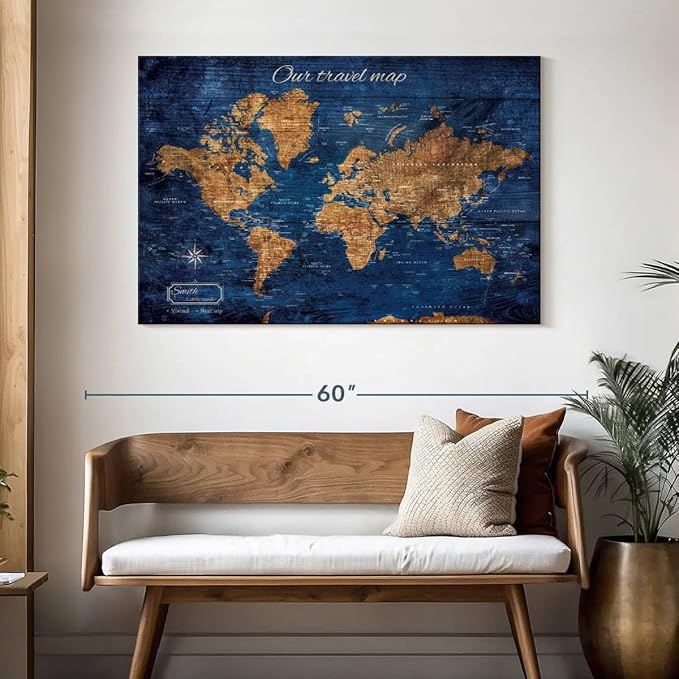 ElephantStock - Personalized Our Travel I Push Pin World Map Wall Art - Horizontal Canvas Wall Art - Living Room Wall Decor - Digital Art Map Canvas Art - Brown And Blue Decor - 48" x 32"