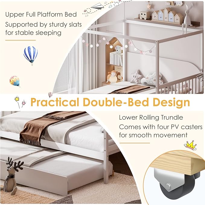 KOMFOTT Full Bed with Trundle, Solid Wood Canopy Bed Frame with Headboard, Modern Space Saving Full Bed with Twin Trundle Bed, No Box Spring Needed, Canopy Bed Frame