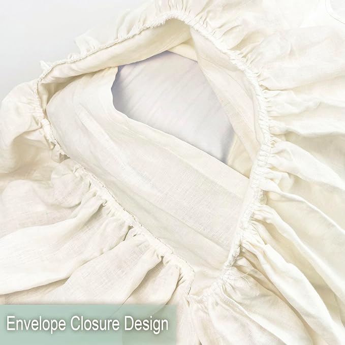 Ruffles Linen Pillowcase. Pure Flax Pillow Sham 100% French Linen Ruffled Pillow Cover, Standard, Queen, King Size 1 PCS (Twin, Ivory)