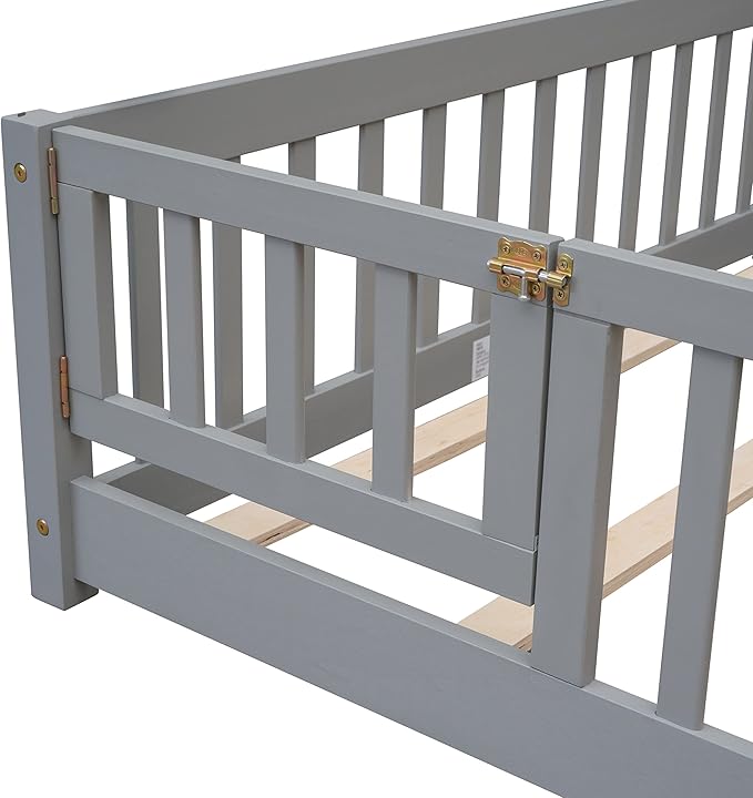 Full Size Montessori Floor Bed Frame with Convertible Door & Wood Slats for Kids,Wood Montessori Bed with Safety Guardrails for Girls & Boys,Grey
