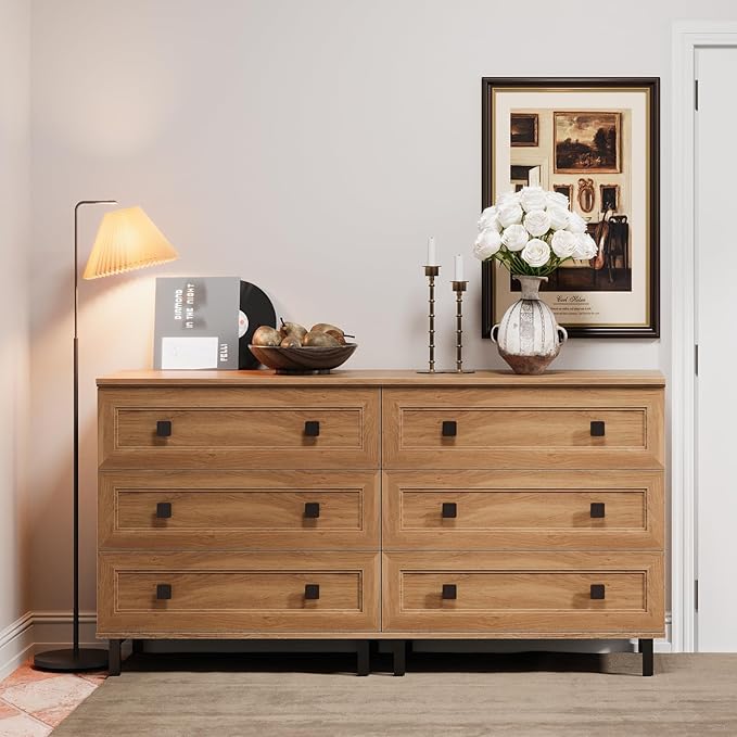 Modern Drawer Dresser for Bedroom with 6 Drawers, 2 in 1 Chest of Drawers with Organizer Storage for Bed Room,Livingroom Hallway Oak