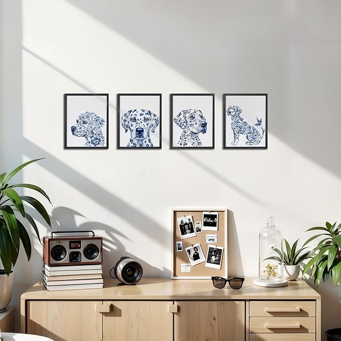 OFJE Chinoiserie Dalmatian Dog Wall Art Decor Prints Set of 4, Blue and White Grandmillenial Dog Wall Art Posters Decor for Home Bedroom Living Room, 8x10 Unframed
