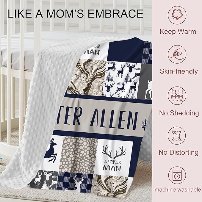 Personalized Crib Bedding Set for Boys Girls, Custom Baby Crib Sets with Name, Navy Deer Design Nursery Bedding 2 Piece - Soft Blanket with Double Layer Dotted Backing, Crib Fitted Sheet