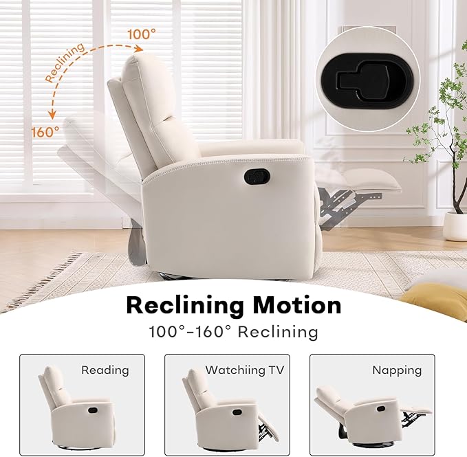 Swivel Rocker Recliner Chair, Manual Faux Leather Glider Rocking Recliners for Adults, 360° Swivel Nursery Reclining Sofa with Padded Backrest for Living Room, White