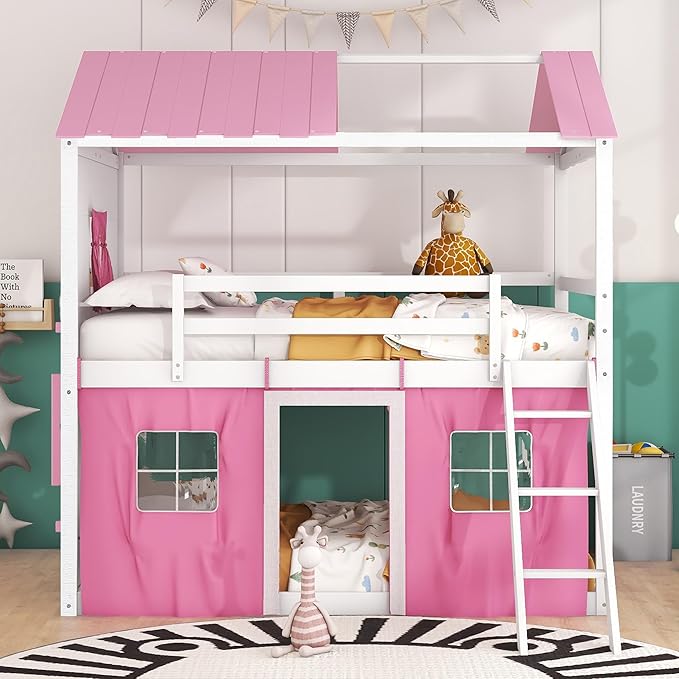 Full Size House Bunk Bed with Elegant Windows and Sills, Solid Wood Tent Bed Frame with Guardrails for Kids Teens Boys Girls, Versatile Spacious Under Bed Space with Curtains (White+Pink C)
