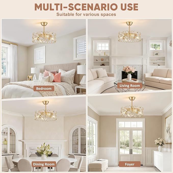 20" Gold Caged Ceiling Fan with Light and Remote Control Flower Crystal Chandelier Ceiling Fan Boho Fandelier for Girl's Bedroom，Nursery，Living Room（Enclosed 6 Speeds Height Adjustment）