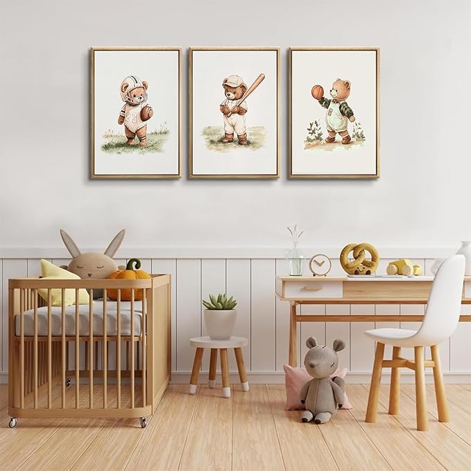 3Pcs Nursery Teddy Bear Canvas Wall Art Vintage Sports Bear Wall Decor Sports Boys'Room Artwork Prints Basketball Football Baseball Painting Pictures for Children's Room Boys' Room (16x24in poster)