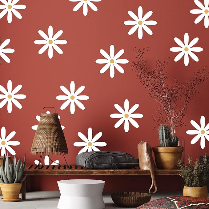 TaoBary 12 Sheets Daisy Wall Decal Flower Wall Sticker Cute Daisy Sticker Pink White Flower Decal Peel and Stick Floral Wallpaper for Nursery Bedroom Home Decor(White, Yellow,Fresh Style)