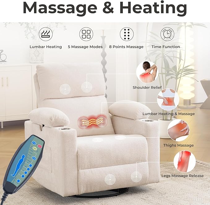 Rocking Chair Nursery with Adjustable Armrests, Electric Glider Recliner Nursing Chair for Breastfeeding, Power Swivel Recliner Chairs with Massage and Heat, Adjustable Headrest , FSC Certified, White