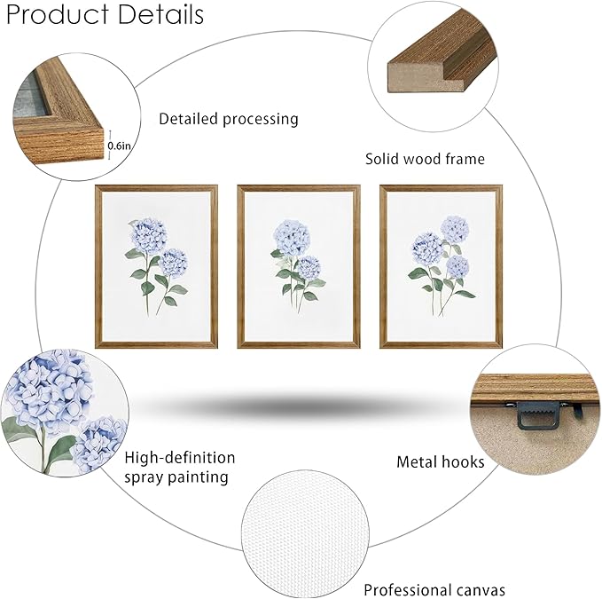 WRFON Hydrangea Wall Art, Blue Floral Wall Decor, Blue Watercolor Botanical Poster Wall Decor, Modern Minimalist Botanical Canvas Painting Print for Living Room Bedroom Wood Framed 12"x16"x3