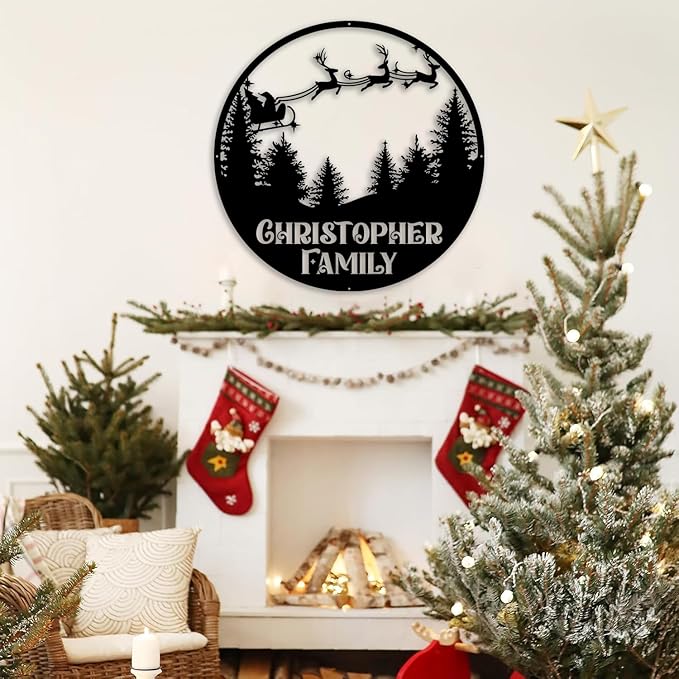 Personalized Christmas Metal Sign, Custom Santa Claus and Reindeer Hanging Sign, Indoor/Outdoor Porch Decor, Black Wall Art, Party Supplies, Personalized Christmas Gifts