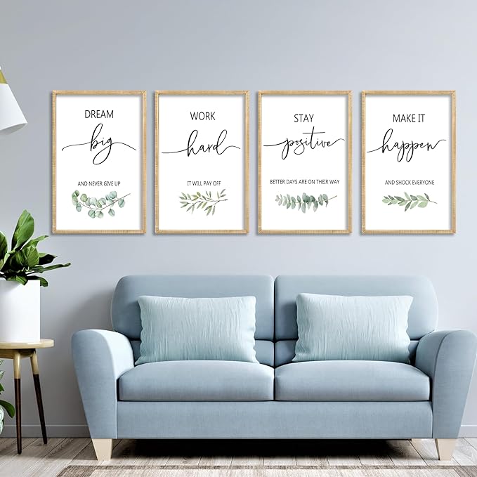 Set of 4 Inspirational Quotes Wall Art 16x11 Inch Encouraging Office Wooden Framed Positive Affirmations Home Family Decor Sign Motivational Plaque Wall Hanging Decoration (Wood)