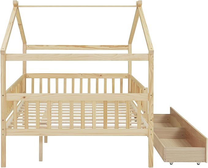 Merax Full Size Wooden House Bed with Two Drawers, Wood Bed Frame with Roof and Safety Guardrail for Kids, Teens, Boys or Girls, Natural
