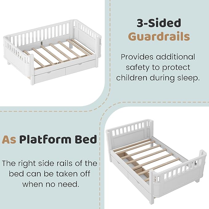 Twin Bed Frame with Rails for Kids, Wood Montessori Bed Twin with 2 Storage Drawers &Slats Support, Modern Daybed with Removable Bed Rails for Girls Boys Bedroom Living Room, White