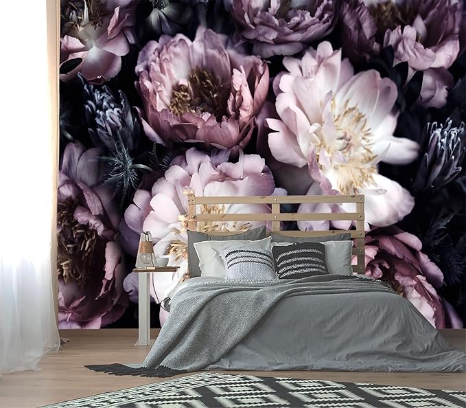 XMPMBM-Purple Peony Floral Fabric Wallpaper Living Room Bedroom Bathroom Wall Mural-W 154" X H 105"（112 Square Foot）