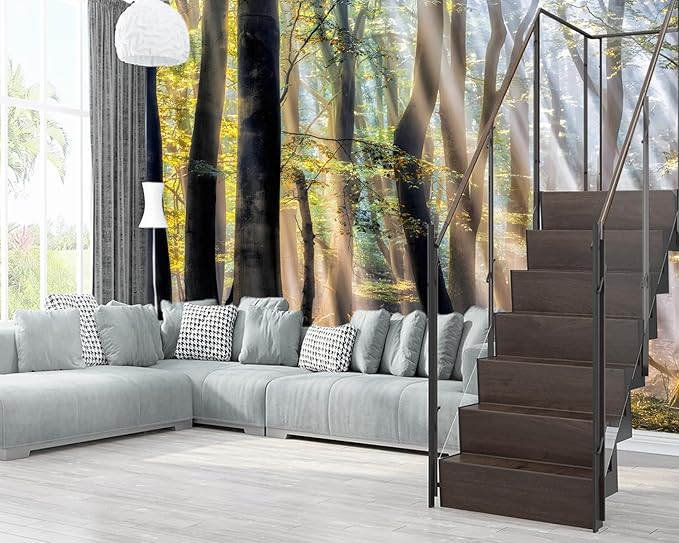 XMPMBM-Sunny Forest Woodland Fabric Wallpaper Misty Tree Living Room Bedroom Bathroom Wall Mural-W 88" X H 59"（36 Square Foot）