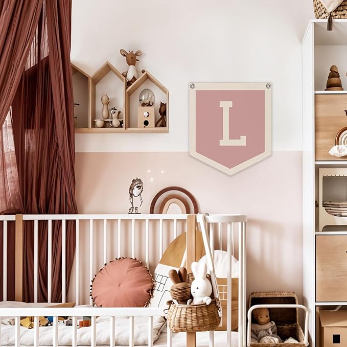 Lacama Baby Shower Decor Gifts, Pink Initial Personalized Preppy Banner, Baby Girl Nursery Decor, Initial Pennant，Vintage Room Decor Toddler Room Bedroom Playroom Front Door Birthday Gift(L)