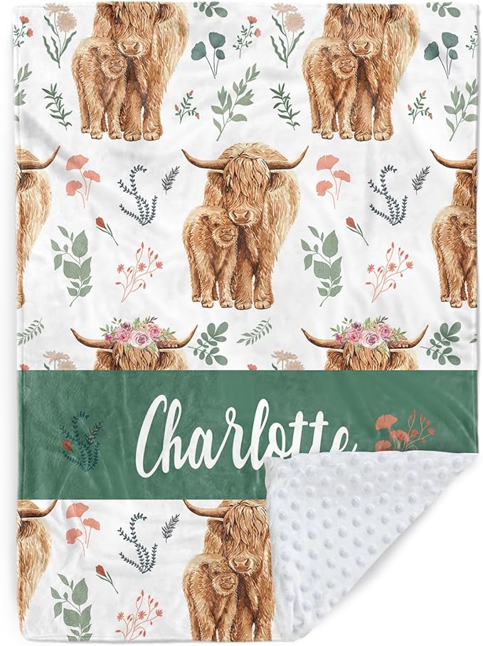 Personalized Baby Name Blanket for Boy Girl, Soft Flannel Blanket with Double Layer Dotted Backing for Infant Newborn, Nursery Crib with Floral Highland Cow Design, Gifts for New Mom(60" x80)