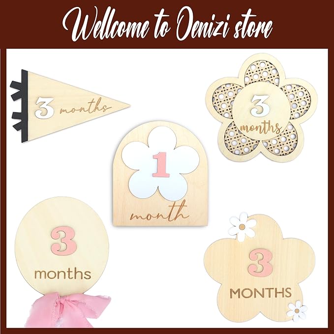 Daisy 3D Baby Monthly Milestone, Wooden Baby Milestone Signs, Monthly Milestone Wood Discs, Baby Milestone Discs (Moon)