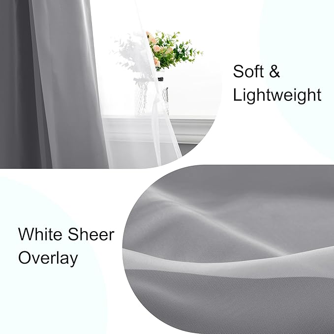 XWZO 100% Blackout Double Layer Curtains, Blackout Curtains with Sheer Overlay for Living Room, Bedroom, Grommet Thermal Insulated Privacy Curtains with Tiebacks, 2 Panels, 52x108, Black