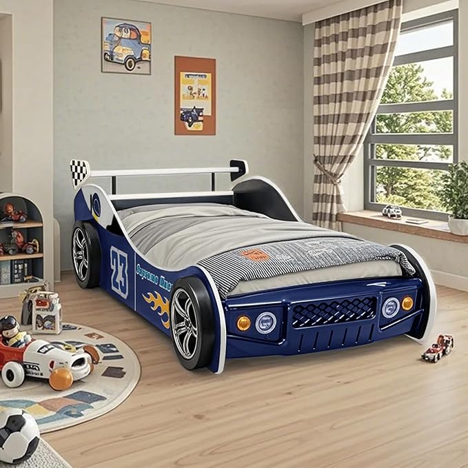 LKTART Car Bed Twin Size for Kids, Race Car Shaped Wooden Platform Bed Frame with Headboard Wheels and Support Slats for Boys Toddlers Child's Bedroom (Blue)