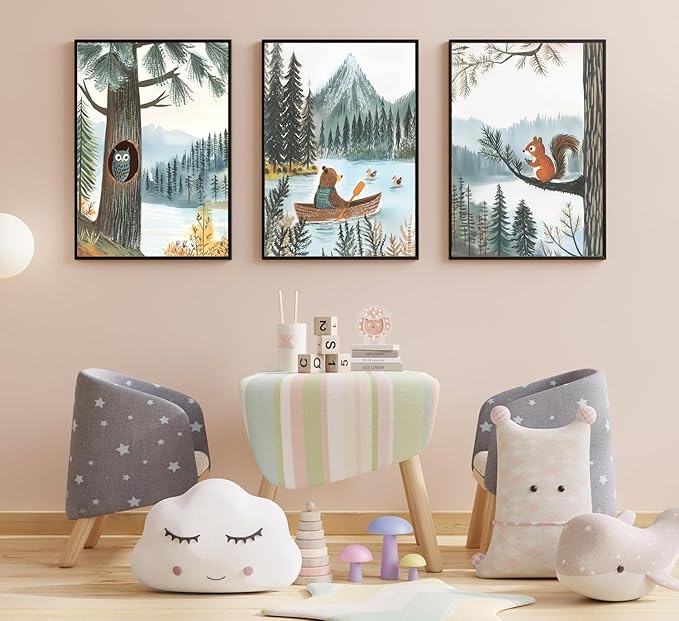 3 pcs Woodland Animal Nursery Wall Art Whimsical Kids wall decoration pictures Bear Owl Squirrel Illustrations Posters Prints for Playroom Toddler Bedroom Home Decor Unframed (16x24in poster)