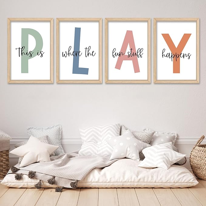 YWJKWLGS This Is Where The Fun Stuff Happens Kids Playroom Wall Decor 16"x24" Set of 4 Nursery Interesting Modren Wood Framed Let's Play Prints Sign for Boy Toddler Children Wall Hanging Art (Wood)