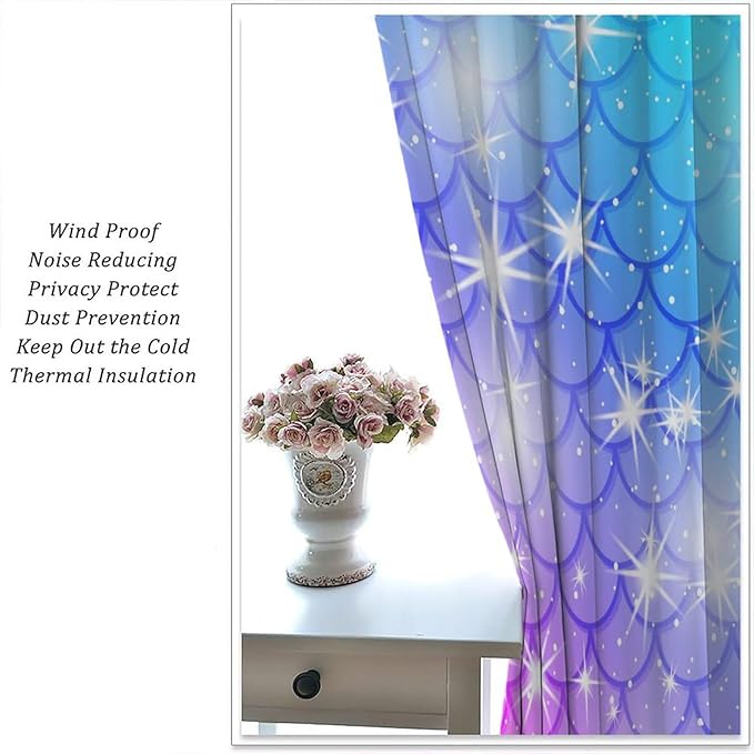 Mermaid Blackout Curtains, Kids Cartoon Blue and Pink Ocean Mermaid Scale Pattern Decoration for Girls Bedroom Nursery Curtains 63x72 Inch