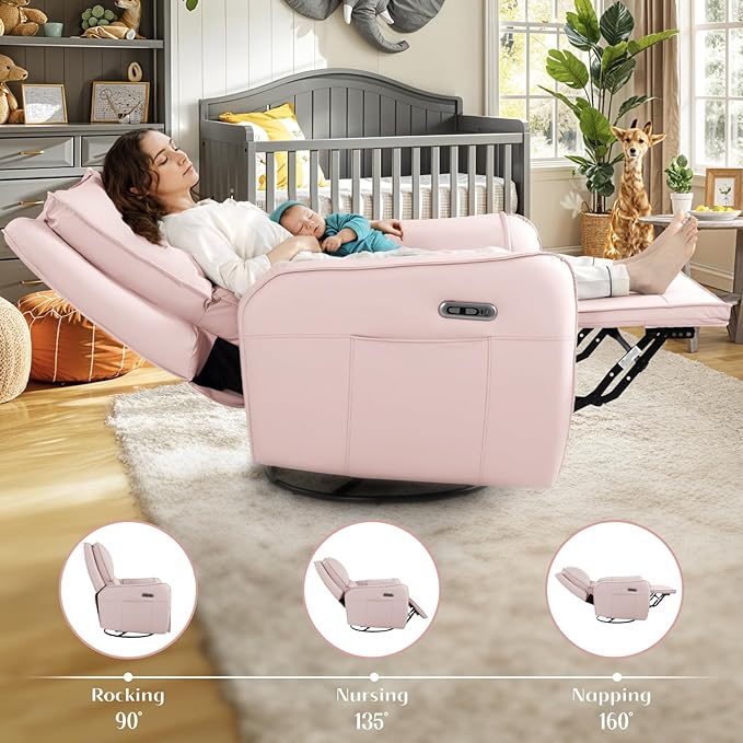 Power Recliner Gliders for Nursery, Electric Swivel Rocker Recliner Chair, Comfy Upholstered Living Room Reclining Rocking Chairs with Lumbar Support