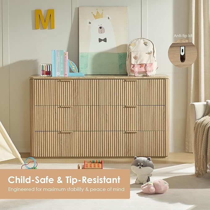 Fluted 6 Drawer Dresser for Bedroom, 54.5" Wide Modern Chest of Drawers with Faux Marble Top, Curved Corners Design, Wooden Dresser TV Stand with Organizer Storage for Living Room, Natural Oak